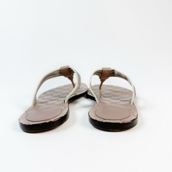 GUCCI Nude Web Stripe GG Sandal 37.5 Flat Flip Flop Leather Guccissima Embossed - Picture 7 of 13